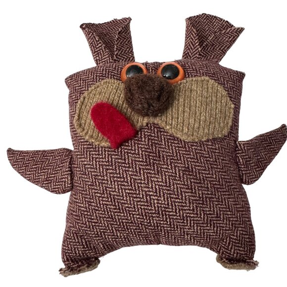 Handmade Owl Plush Toy Brown Herringbone Pattern & Button Eyes 8.5 in Vintage - Picture 1 of 9